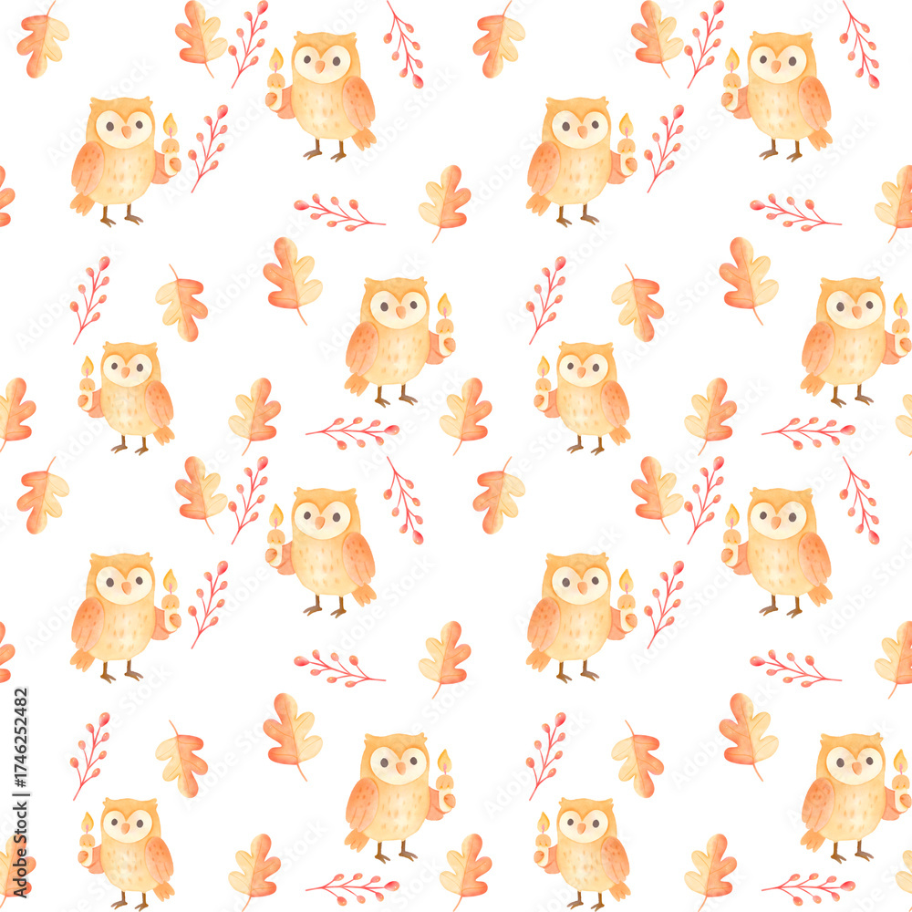 Fototapeta premium Cute Watercolor Autumn Owl Pattern with Leaves and Branches