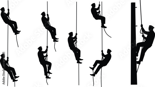 Silhouettes of people, climbing ropes, in various stages, for training, fitness, obstacle courses, military drills, and physical strength concepts