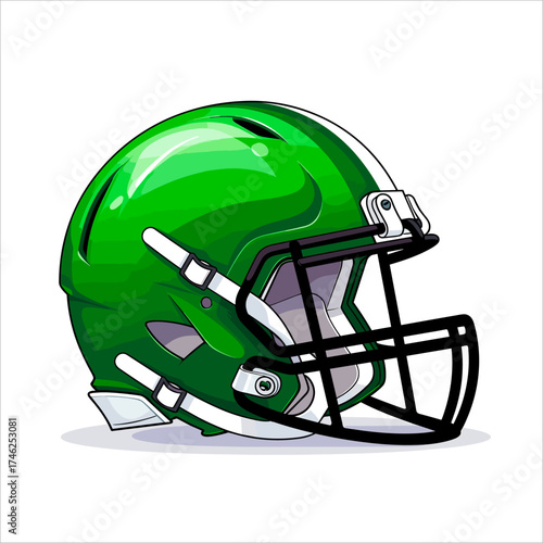 High-detail vector illustration of an American football helmet in a glossy vibrant green color, featuring a white stripe and a black facemask