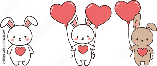 Cute bunnies holding red heart balloons illustration, adorable rabbit characters symbolizing love, happiness, and romance for Valentine greeting designs.
