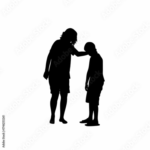 Silhouette of a social worker consoling homeless youth isolated on white background