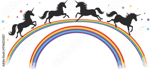 Magical unicorns running across colorful rainbow with sparkling stars, fantasy illustration showing dreamland magic, imagination, and mythical fairytale concept design.