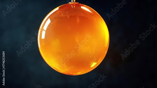 A shiny orange glass orb suspended against a dark background. The orb has a smooth surface and reflects light, creating a vibrant visual effect.