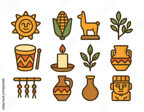 Vector Set of traditional indigenous symbols featuring sun, corn, and ancient artifacts