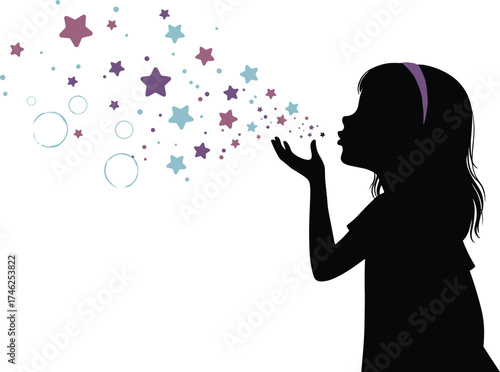 Silhouette of little girl blowing colorful stars and bubbles from her hands, dreamy fantasy childhood imagination vector illustration art