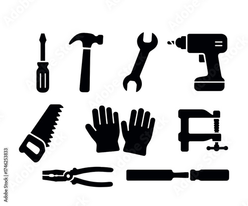 Vector Silhouette of various hand and power tools including hammer, screwdriver, and drill