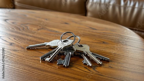 A set of silver keys resting on a wooden table. The keys are arranged in a cluster, showcasing their different shapes and sizes. The table has a smooth finish.