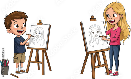 Children drawing portraits on easels, creative kids art activity, classroom illustration, teamwork in education, cartoon style, vector design