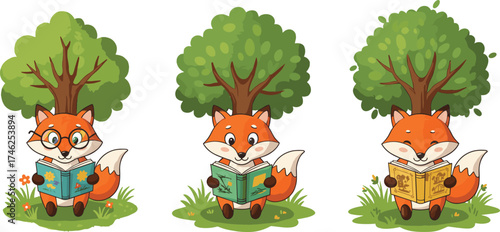 Three Cartoon Foxes Reading Books Under Trees – Whimsical Vector for Nature, Literacy, Education, Animal Characters, and Forest-Themed Learning