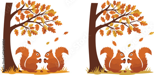 Two cute squirrels under autumn tree holding acorns, fall season nature scene with leaves, forest animals, and warm seasonal illustration.