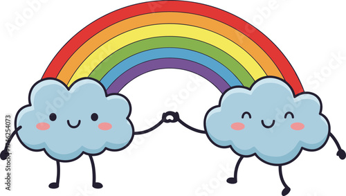 Two Happy Cartoon Clouds Holding Hands Under Rainbow – Cute Vector Illustration for Friendship, Positivity, Weather, LGBTQ, and Whimsical Themes