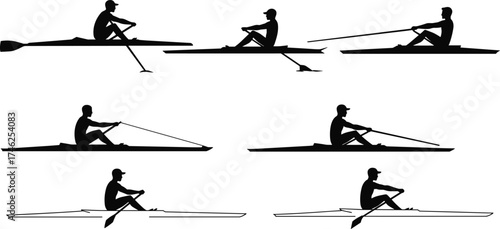 Silhouettes of rowers, in single scull boats, rowing in various stroke positions, for rowing sport, water activity, and competitive racing concepts