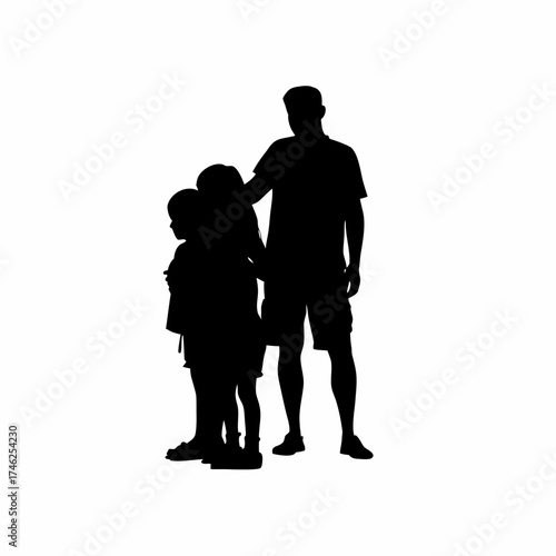 Social worker supporting refugee family emotional adjustment silhouette on white background isolated on white background
