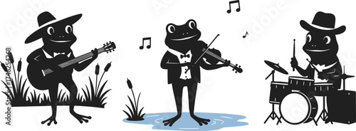 Funny frogs playing musical instruments in swamp, jazz band illustration showing guitar, violin, and drum performance in cartoon nature scene.