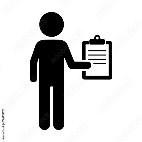 Stickman holding clipboard icon. Businessman checking document or list symbol. Person presenting report, checklist, or survey form. Silhouette figure with notes for planning, and management.