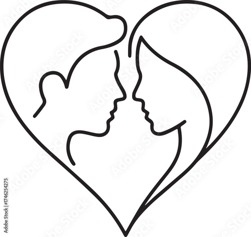 Romantic Couple Silhouette in Heart Shape Love Relationship Symbol Valentine Line Art Illustration Minimalist Romantic Design Affection Connection Vector Wedding Love Concept