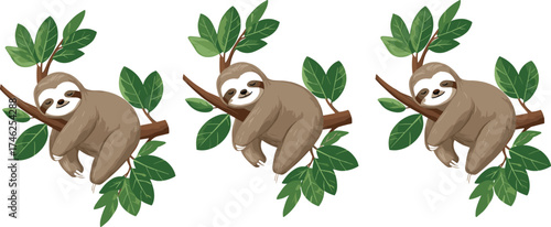 Three Sloths Hanging from Tree Branches – Relaxed Animal Vector in Repeated Style with Leaves, Nature Theme, and Cute Expression