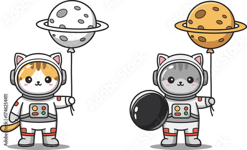 Two Cartoon Cats in Astronaut Suits Holding Planet Balloons – Cute Space Vector for Whimsical, Cosmic, Animal, and Sci-Fi Themes