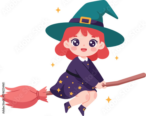Cute cartoon witch flying on broomstick with stars and sparkles for halloween celebrations isolated on transparent background