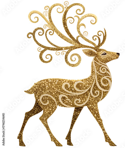 Golden christmas deer illustration on transparent background