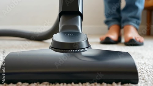 A close-up of a vacuum cleaner nozzle on a carpet. A person's feet in casual footwear are visible in the background, indicating home cleaning activity.