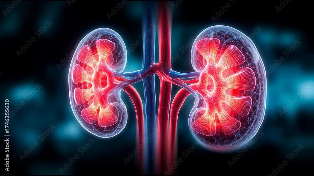 3D medical illustration of human kidneys with glowing red and blue ...