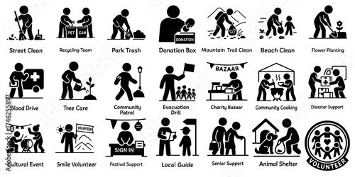 地域ボランティアのピクトグラムセット、Volunteer and Community Activity Pictogram Set

