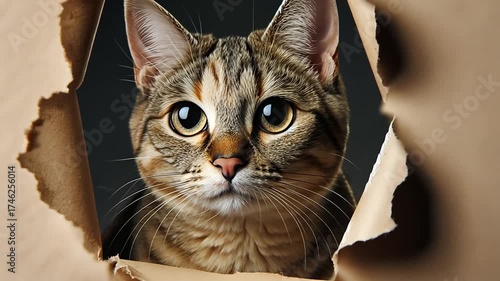 A close-up of a tabby cat with large, expressive eyes peering through a torn piece of cardboard. The cat has a light brown coat with darker stripes.