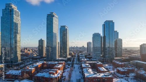 Aerial view of toronto skyline with snow covered buildings in winter