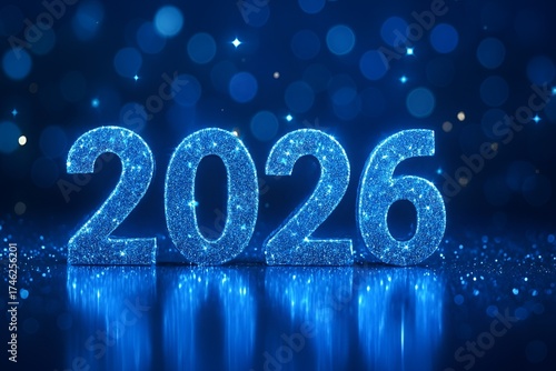 Sparkling Blue 2026 New Year Numbers on Reflective Surface with Glowing Lights and Bokeh Background Isolated on White P N G Download for Social Media Advertisement Banner