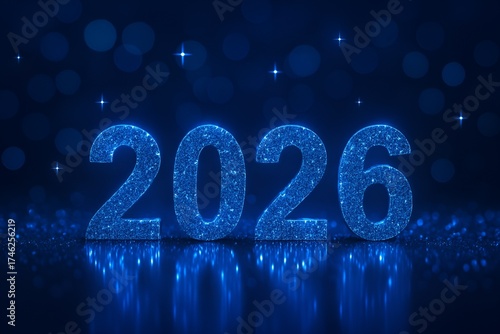 Sparkling Blue 2026 New Year Numbers on Reflective Surface with Glowing Lights and Bokeh Background Isolated on White P N G Download for Social Media Advertisement Banner