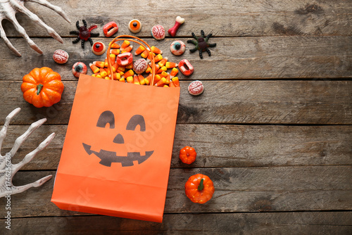 Paper bag, pumpkins, skelet...