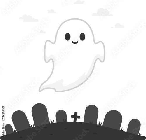 Cute cartoon ghost floating above halloween graveyard with clouds isolated on transparent background