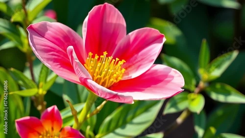 Two vibrant pink water lilies bloom amidst lush green leaves in a serene pond setting. The flowers display intricate petals and bright yellow centers.