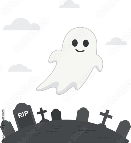 Cute cartoon ghost floats over spooky graveyard with clouds halloween theme isolated on transparent background