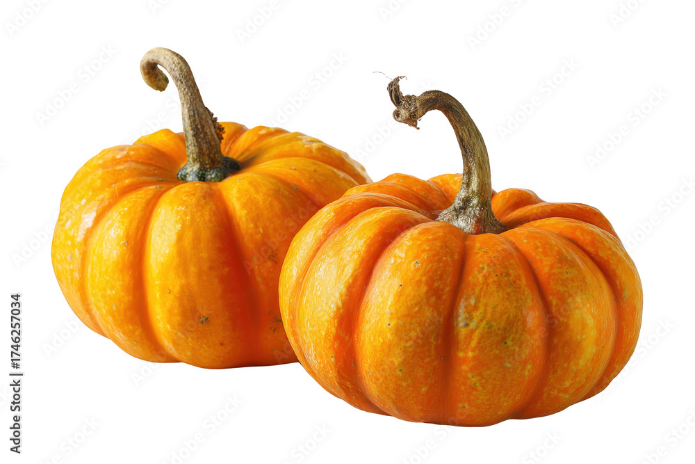 Fototapeta premium Two small orange pumpkins with textured stems isolated on a transparent background gourd squash