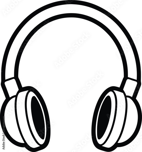 Black and white outline drawing of over ear headphones on white background Keywords: headphones