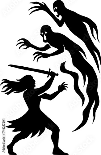 Silhouette of human warrior fighting ghostly spirits - fantasy horror vector with white background 
