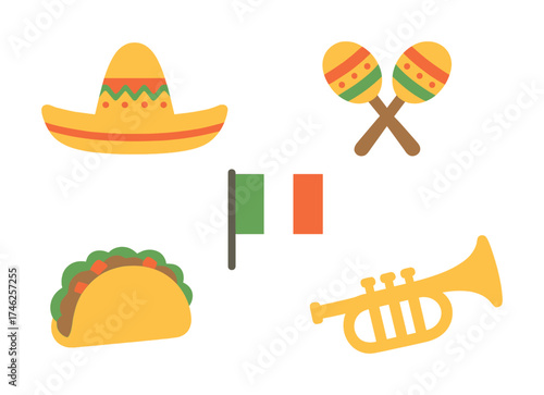 Vector Mexican cultural symbols: sombrero, maracas, taco, flag, trumpet