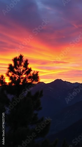 A vibrant sunset over a mountain range, with colorful clouds and a silhouette of a pine tree in the foreground.