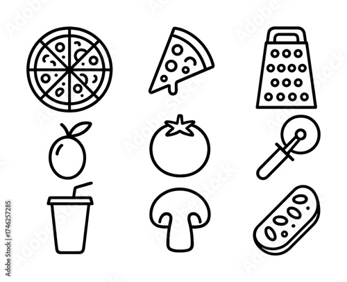 Vector Set of pizza ingredients and utensil icons in black and white