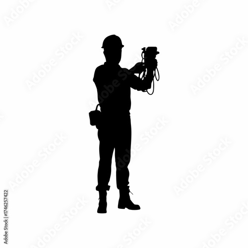 Silhouette of a technician wiring control panels inside a construction cabin isolated on white background
