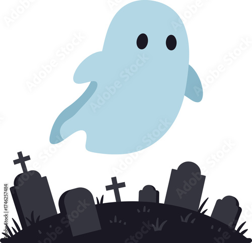 Cute friendly ghost haunting over spooky graveyard tombstones halloween celebration isolated on transparent background