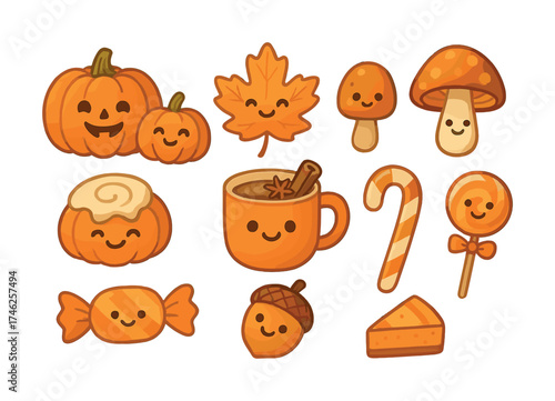 Vector Cute autumn-themed cartoon icons with pumpkins, leaves, and cozy beverages