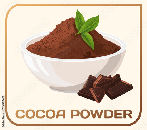 Cocoa Powder in Wooden Bowl Vector Icon. Cartoon illustration of a heaping bowl of cocoa powder isolated on white background. The rich, chocolate brown powder is smooth and slightly textured
