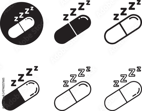 Black pill capsule icons with sleep zzz symbols on transparent background silhouette