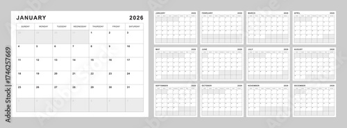 Monthly calendar layout for 2026 year. Diary planner for 2026 year. Week Starts on Sunday. Printable Letter size in black and white.