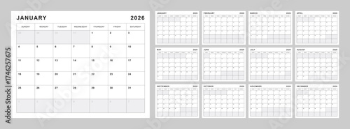 Monthly calendar layout for 2026 year. Diary planner for 2026 year. Week Starts on Sunday. Printable Letter size in black and white.