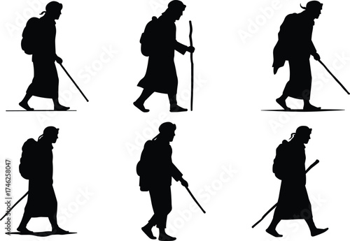 Silhouettes of travelers, walking with sticks, wearing robes and backpacks, in various poses, for journey, hiking, trekking, and pilgrimage concepts