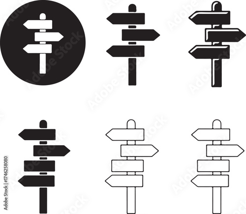 Set of direction signpost icons in varying styles on transparent background silhouette